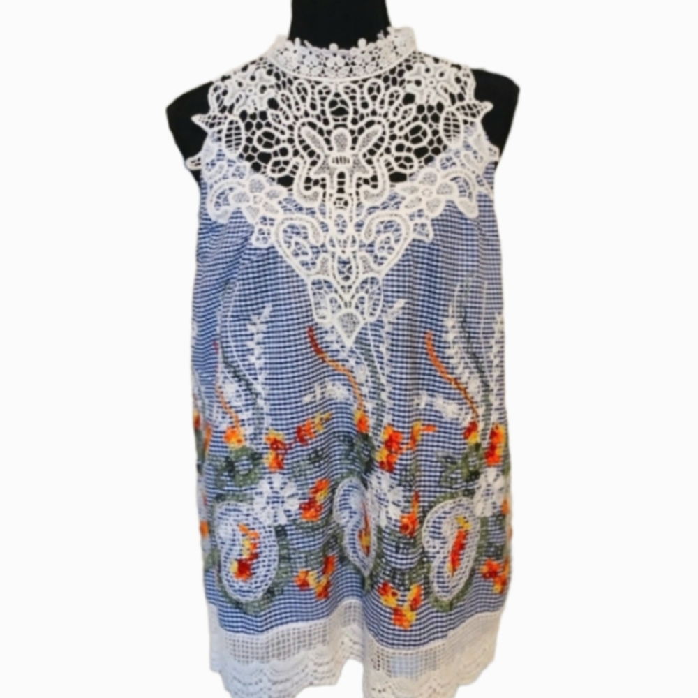 NEW Entro Multicolor Gingham Embroidered Lace Trim Blouse Top Sz Med Cottage NWT